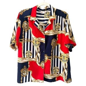 Vintage Alia Nautical Rope & Anchor Print Button-Up coastal holiday (M/L)